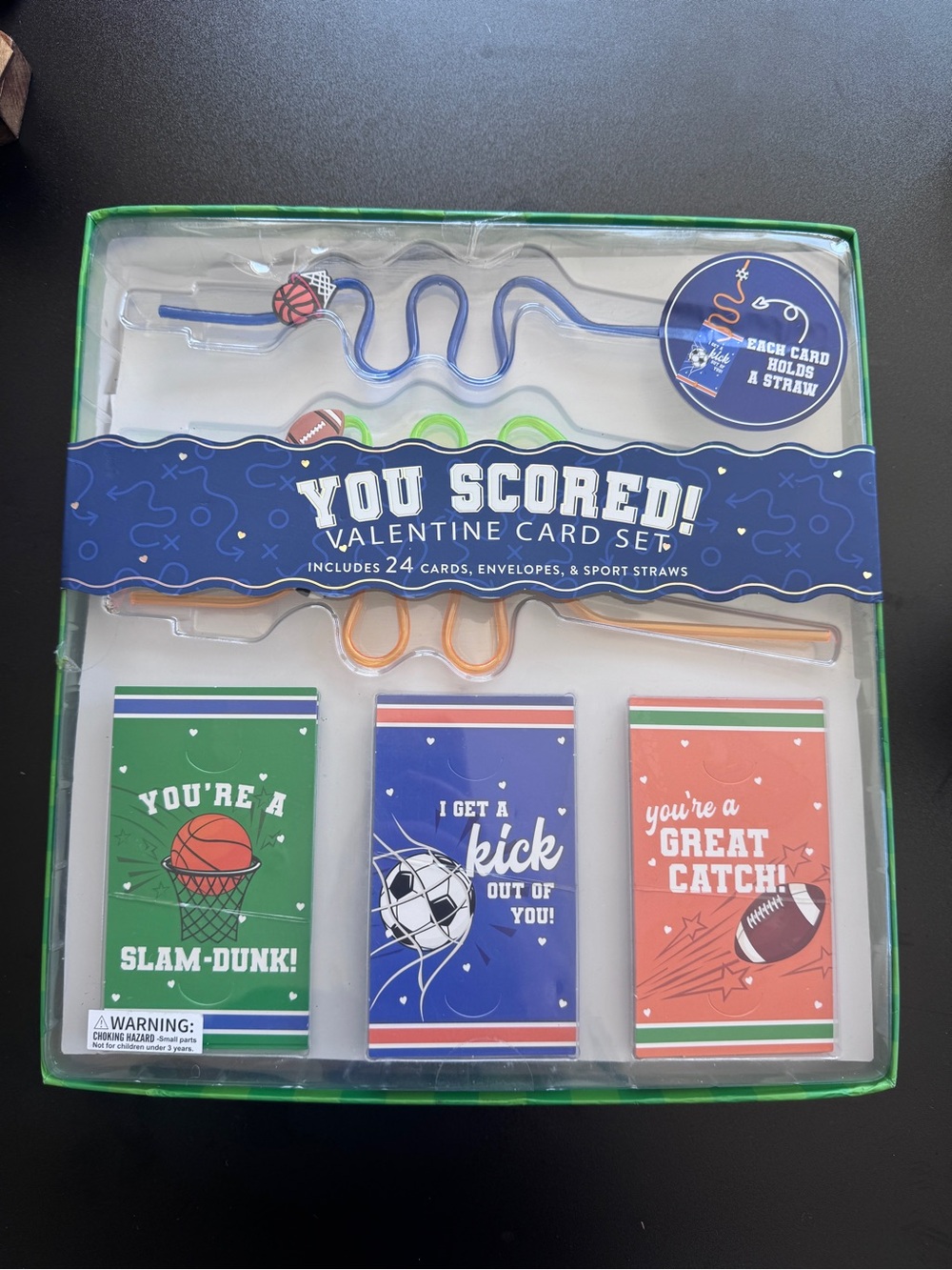 You Scored! Valentine Card Set with Sports Straws - Green Blue Orange